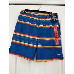 NWT Speedo mens Tech Volley striped swim trunks blue medium